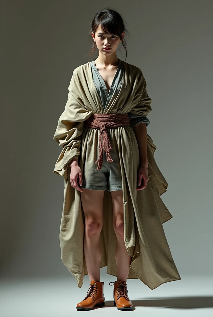 Manwa,dynamic pose, 1girl,pale skin,delicate face,moles,intricate details,(rugged kimono:1.2,rope belt,linen shorts with open sides:1.3),small waist,(wide thigh gap:1.3,thick thighs:1.3),white background,(best quality:1.2,ultra-detailed,realistic:1.37),portrait,soft colors,polished lighting