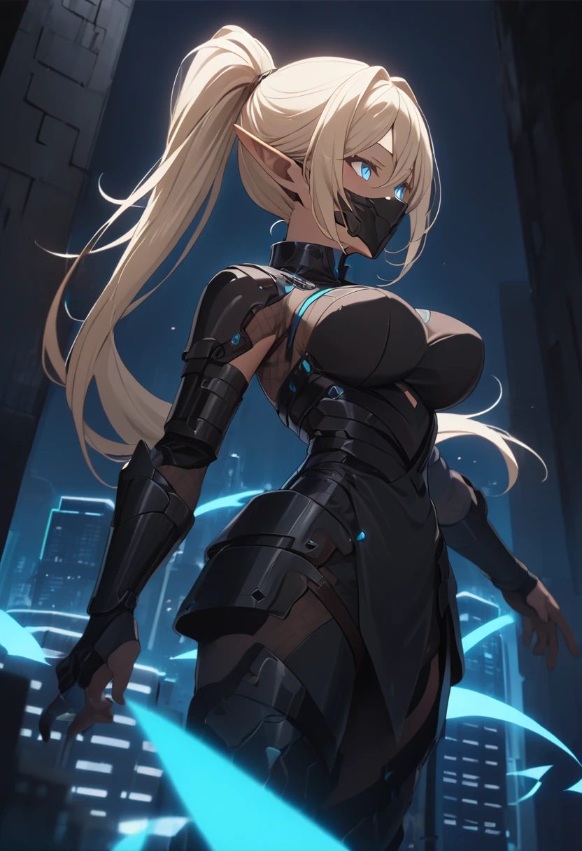 1girl, (((solo))), tatto, masterpiece, best quality, agrias, gray sweater, black mesh, (((standing))), (((looking at the viewer)))), blonde hair, elf ear, ((((large breasts))), konosuba
