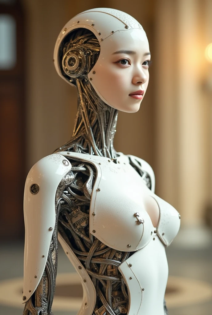 complex 3d render ultra detailed of a beautiful porcelain profile woman android face, cyborg, robotic parts, 150 mm, beautiful studio soft light, rim light, vibrant details, luxurious cyberpunk, lace, hyperrealistic, anatomical, facial muscles, cable electric wires, microchip, elegant, beautiful background, octane render, H. R. Giger style, 8k, best quality, masterpiece, illustration, an extremely delicate and beautiful, extremely detailed ,CG ,unity ,wallpaper, (realistic, photo-realistic:1.37),Amazing, finely detail, masterpiece,best quality,official art, extremely detailed CG unity 8k wallpaper, absurdres, incredibly absurdres, robot, silver halmet, full body, sitting