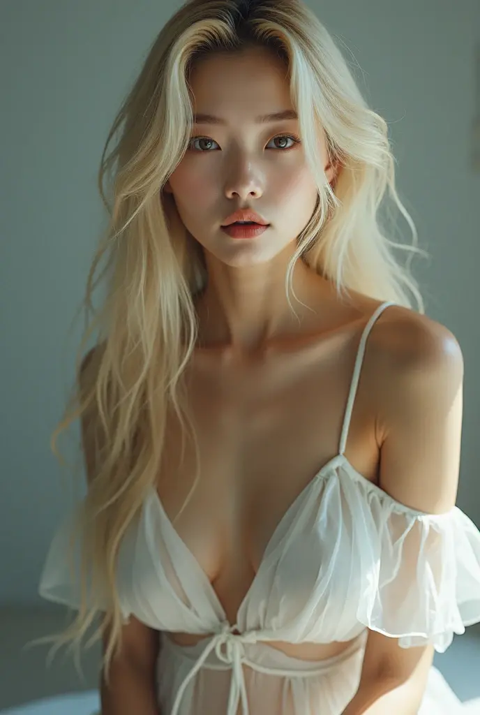 A YOUNG ASIAN WOMAN WITH LONG BLONDE HAIR, sexly, With full breasts and a cute pose