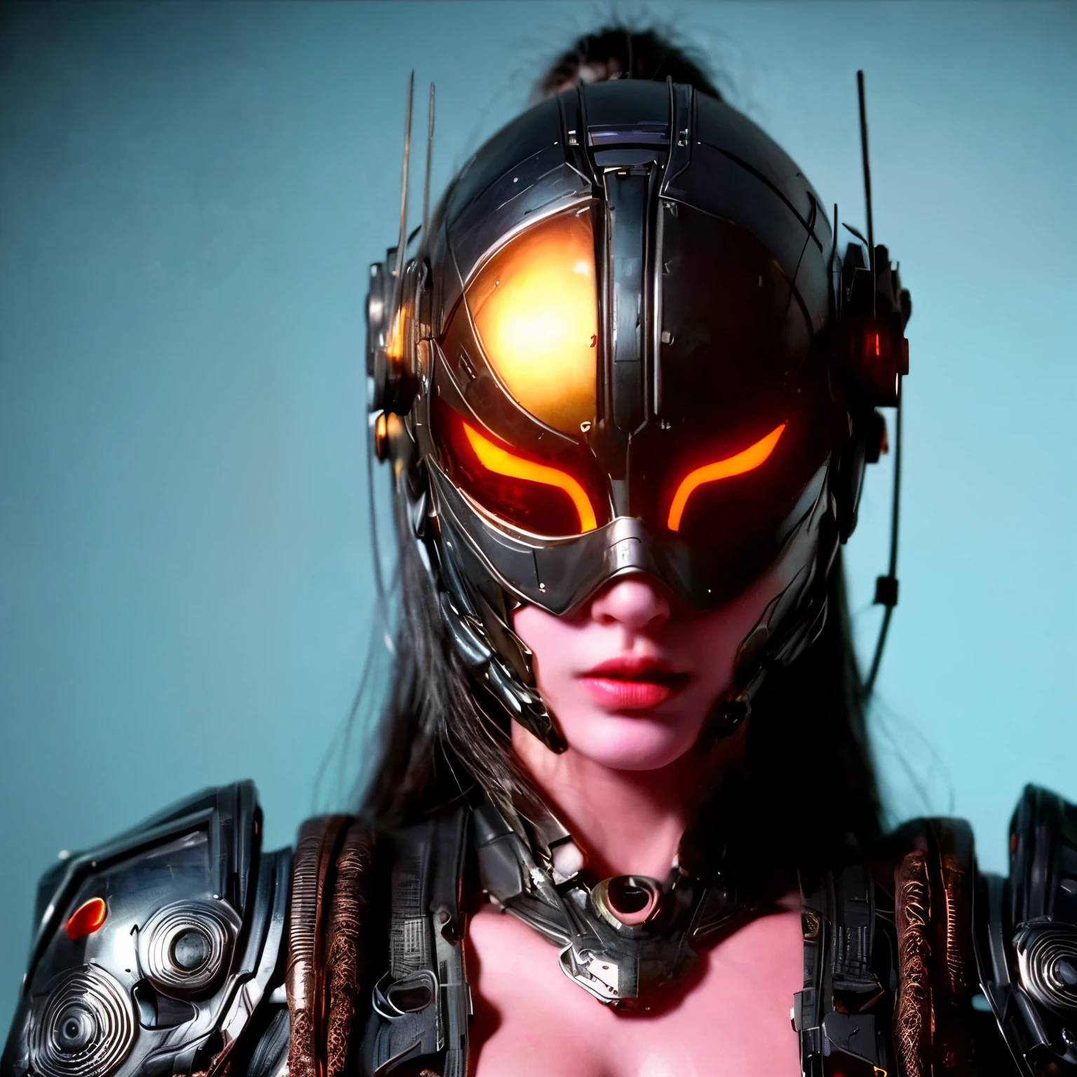 ((extreme quality)), ((Masterpiece)), ((Enrich the picture，Masterpiece level quality)), golden hair, long hair, very big breasts, golden eyes, fierce woman, ultra eyes details, RAW 4K, ( cinematic lighting, moody, textile shading), perfect proportions, ultra detailed, volumetric lighting, soft lighting, glossy skin, beautiful face, Special face details, strong emotions, elegant gesture, Detailed facial features, Long eyelashes, contrast, Incredible atmosphere, Fascinating setting, Haunting beauty , cyberpunk girl, cybog, cyber mask close mouth, cyber suit, cyber armor, head gear, hips up,