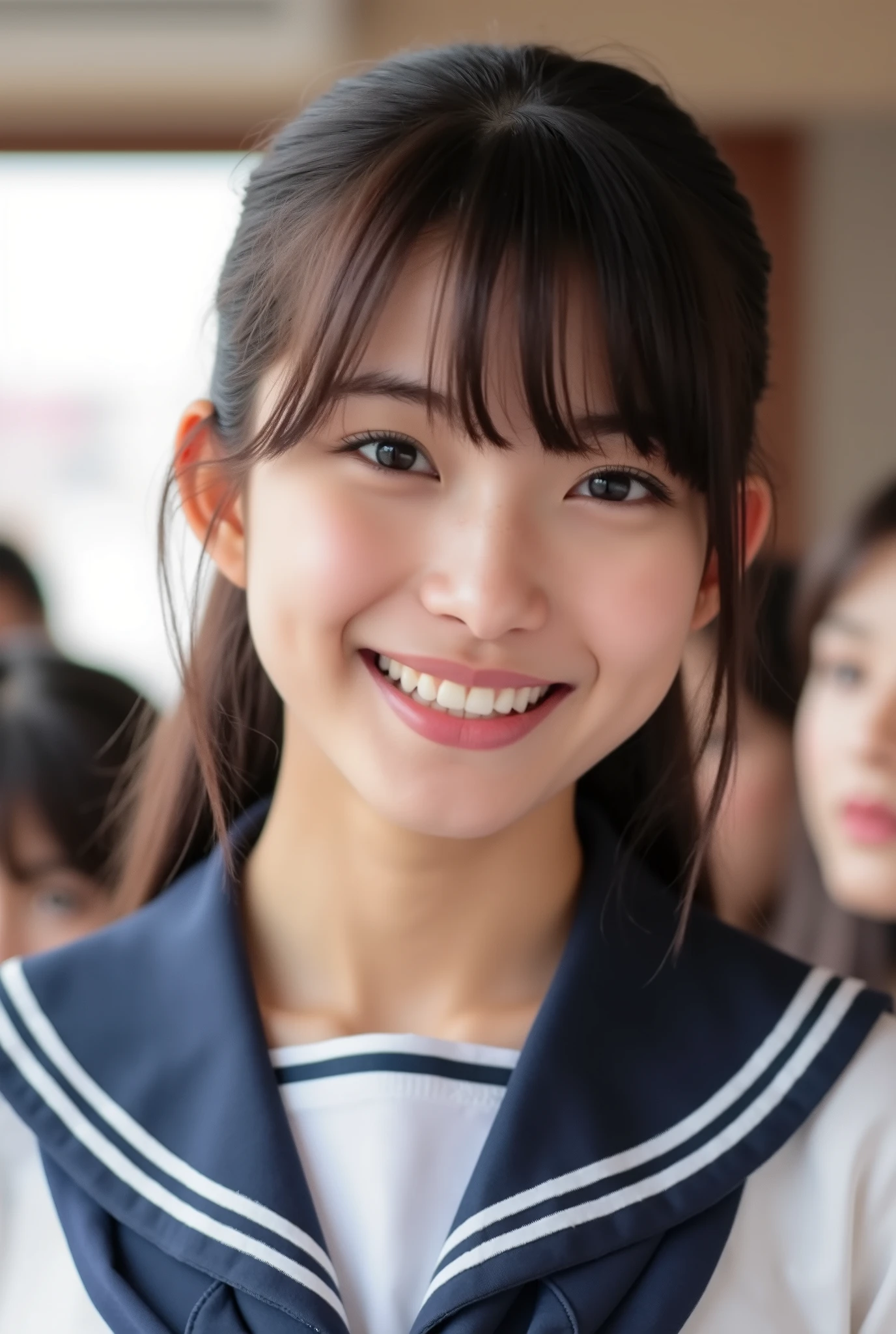 Create a stunning photo collection of a beautiful Japanese idol girl with fair skin. She has bangs and a ponytail, along with long straight hair. Dressed in a sailor uniform, she joyfully conducts a choir. Capture her purity and delicacy in every shot.