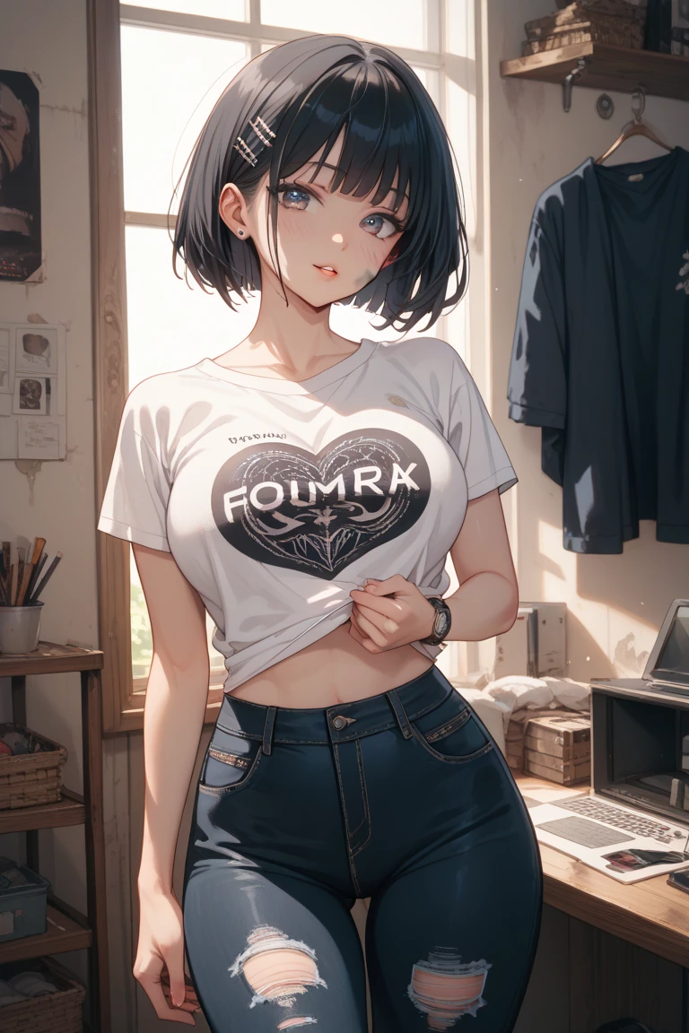a girl of 18,  d back, short brown hair, blue eyes, office glasses, He wears a t-shirt "white (sin logos, no logo)" and short blue dress. Is behind.