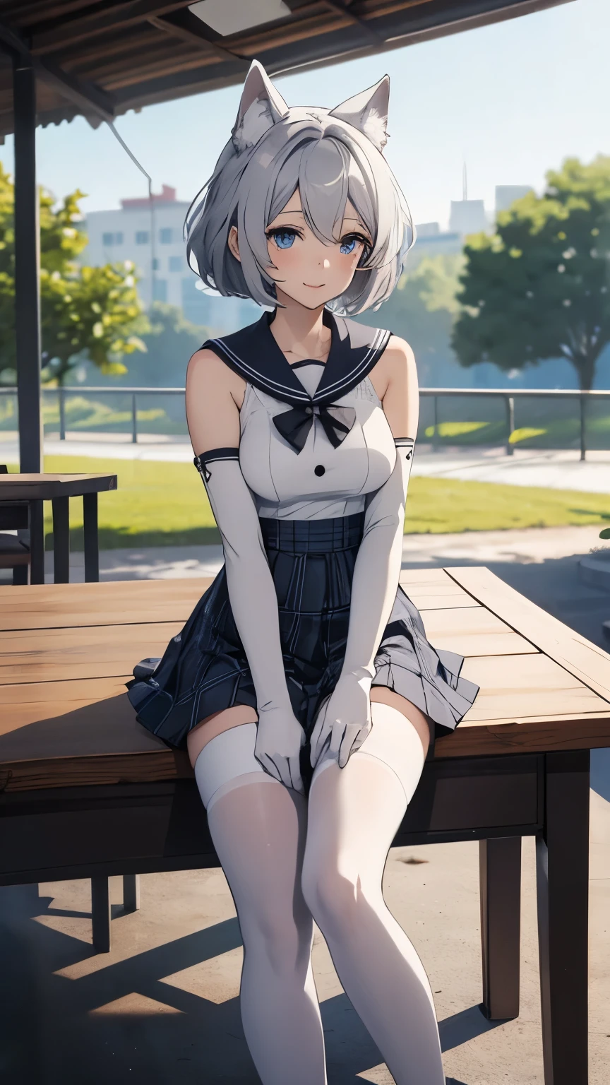 table top portable Best Quality 8k adult female anime style is standing full body white sailor suit(sleeveless)(pure white) white long gloves ( elbow gloves )plaid mini skirt in front of crotch white pantyhose(tights) heel Beautiful Legs White wolf ears short hair(( Shortcuts)(Gray Hair)(Perm)( fluffy)) blue eyes Staring into the Distance attractive face ((Laughter)(joy)(Love))