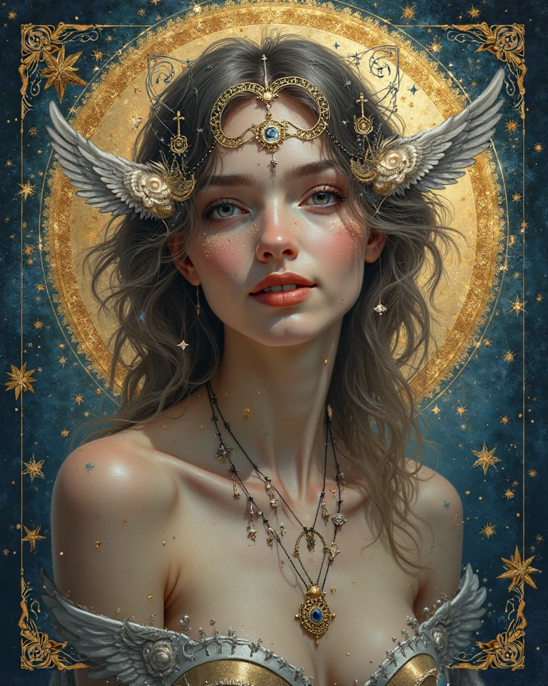 A closeup of a young woman with angel wings and a halo, Beeple e Alphonse Mucha, Ivan Obra de Arte Plusch, Art Nouveau hiperrealista, a stunning young ethereal figure, Beeple e Jeremias Ketner, arte oficial, angelic face, arte de fantasia hiperrealista, angelic, Retrato de um anjo bonito, wlop intrincado