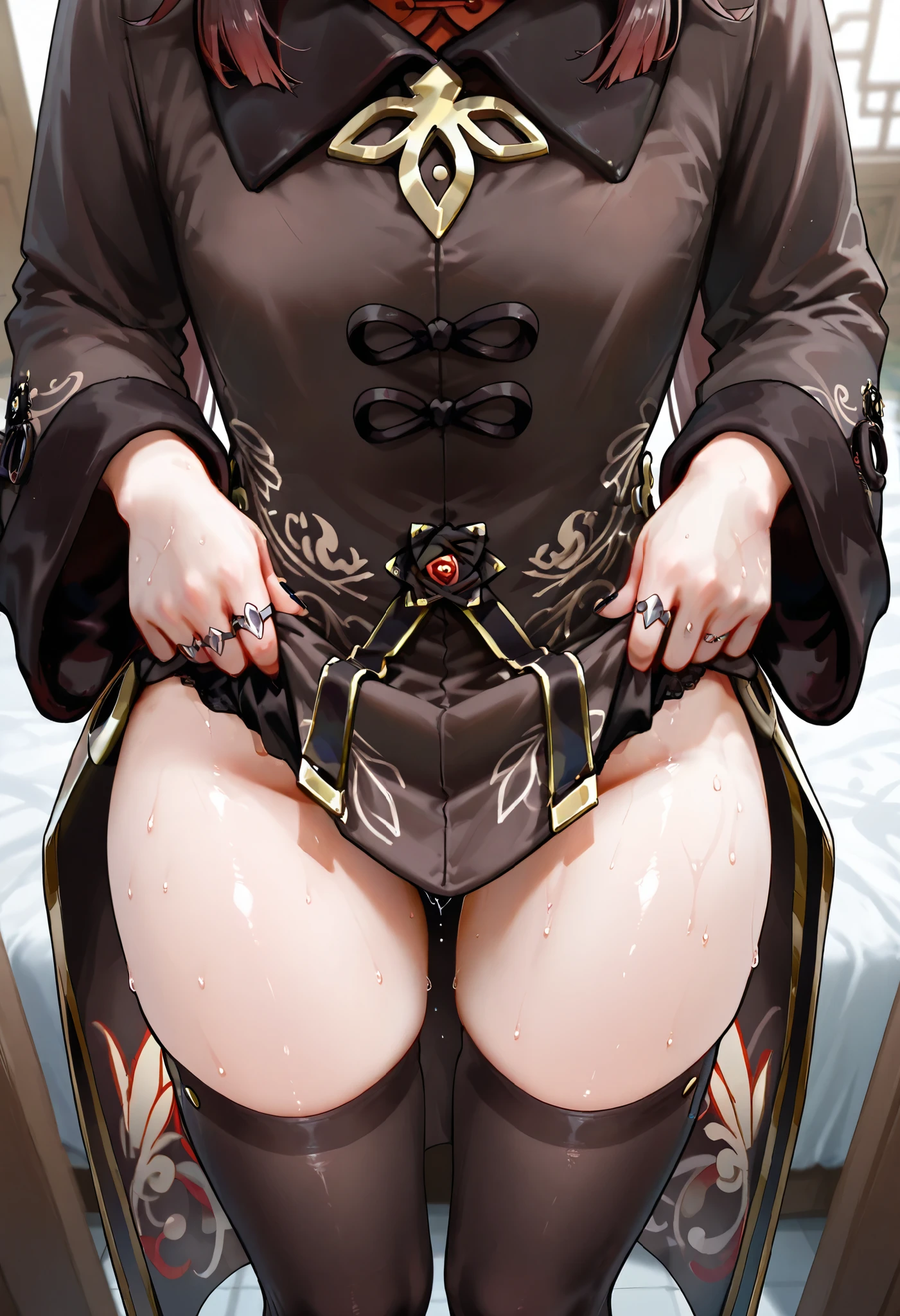 A female empress, short white hair, with yellow eyes, red nails, mostrando os peitos, legs open showing pussy, with an angry face and a provocative look, mouth open with tongue out. Wearing traditional Chinese imperial clothing, decorated in gold with black details, with red Hanafuda earrings, with a short red skirt. On your knees on a hotel room bed with a penis in your pussy, with a sunset in the window in the background.