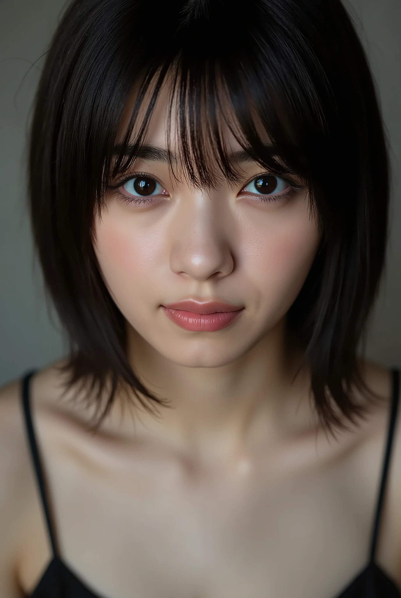 (( Best Quality )), ((masterpiece)), ( details), First-person perspective ,1 girl, sexy,( Bring Your Face Closer ),((mouth wide open )),((Big Breasts, underwear, Short Bob Hair)), black hair , (( without makeup, small eyes))