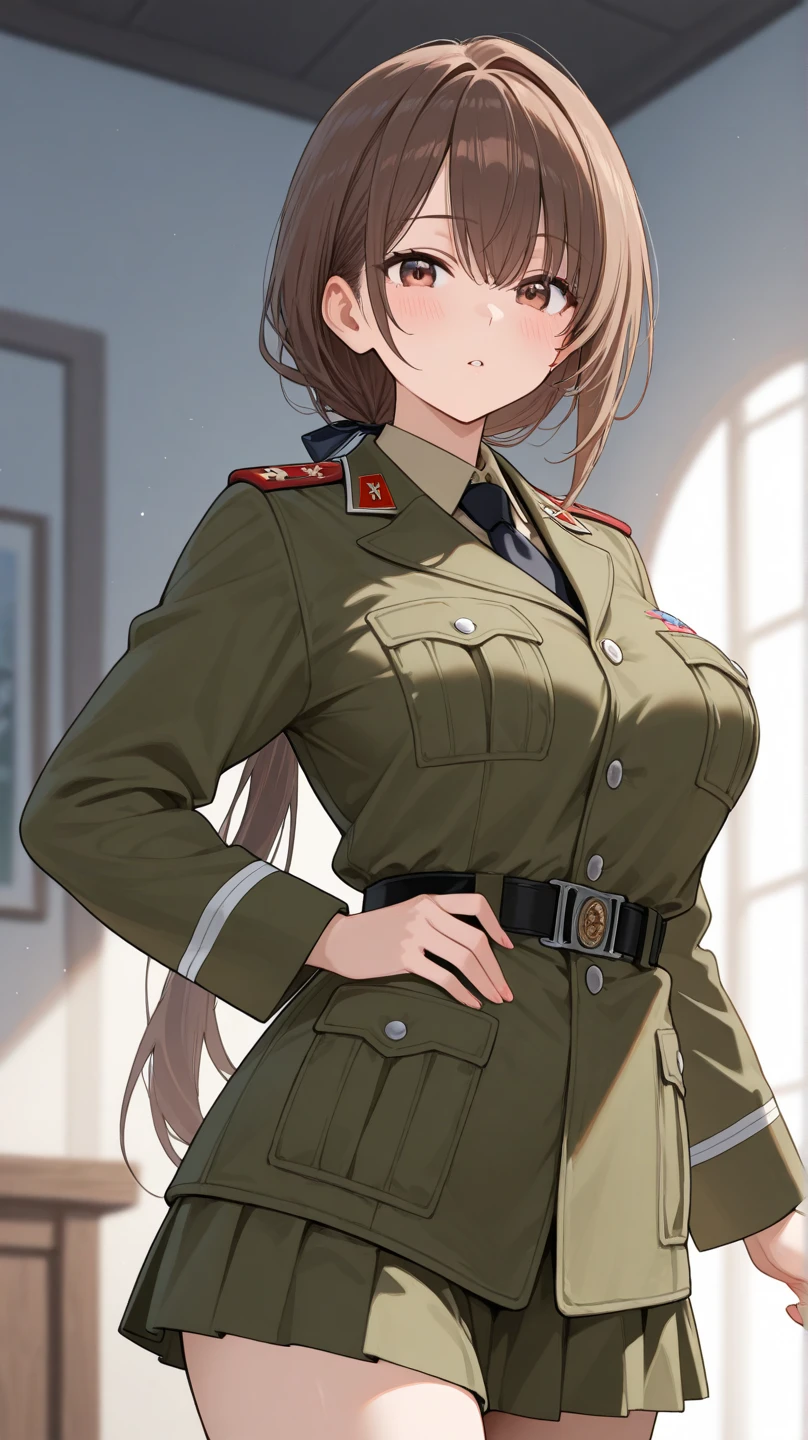 masterpiece、Highest quality、Best image quality、High resolution、Big Breasts、Brown Hair、Red Eyes、short hair、Black Uniform、Unbranded uniform