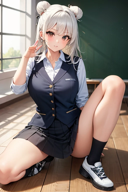 ((8K, Highest Quality, Masterpiece:1.3)), Ultra High Quality, (1 girl, 1 person), (Color changing eyes, Super detailed, Expressive glow, Sparkling eyes), Highly detailed eyes, Highly detailed face, Random hair, (Silver gray color), Revealing, Emerald green silk blouse, Beige high waist pencil skirt, Nude colored pumps, Gold hoop earrings, Classic black blazer, Red lips, Soft wavy hair, Elegant cross body bag, Pearl bracelet, (Cute bra:1.1), (Ecstatic face:1.3), Split seat, Cleavage, Top angle, Overflowing pussy juice, White skin, (Classroom, Sunset:1.2), Fantastic light,