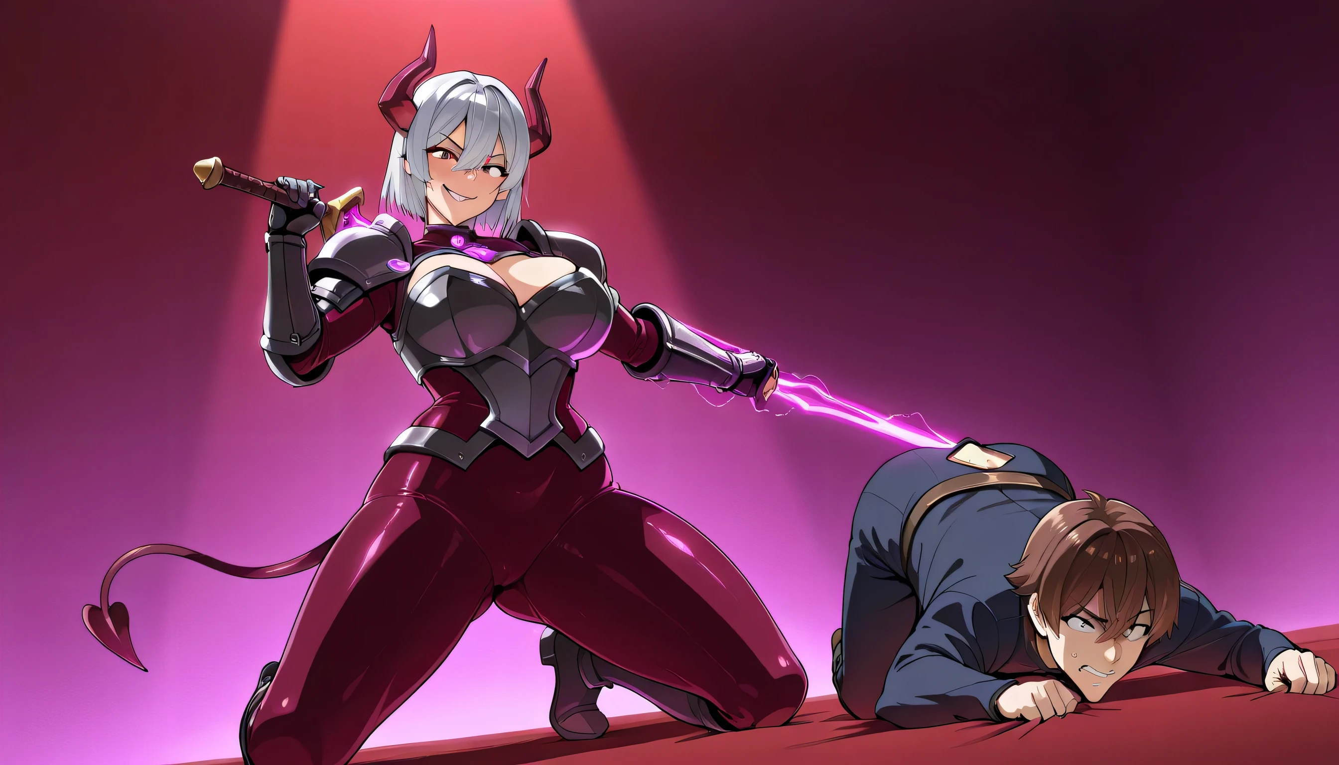 ((((1girl,tall stature)))and(((1shota boy,short stature)))),((((hetero)))), 1girl,(tall stature:1.4),(curvy:1.4), low twintails,white hair, red eyes, large breasts,pale skin,shiny skin,body on bruise,disgust,mocking,looking down,close mouth, clench teeth, BREAK ((devil girl, horns, fangs, bat wings, black costume, ominous)), (cum:1.4),cum in pussy,(cum on clothes:1.4), cum on breasts,cum on body,cum on facial, bukkake,cum in mouth,cum on hair,(excessive cum), BREAK (1shota boy:1.4),(short stature:1.4),(short penis:1.4),dark-skinned shota boy,interracial, sexual ecstasy,trembling,(He wears boxing shorts),Boxing Gloves, BREAK fellatio, paizuri, stick out tongue, cum in mouth, , ((wrestling ring)),(((masterpiece))),(((best quality))),((ultra-detailed)),(illustration),((an extremely delicate and beautiful)),(detailed background),