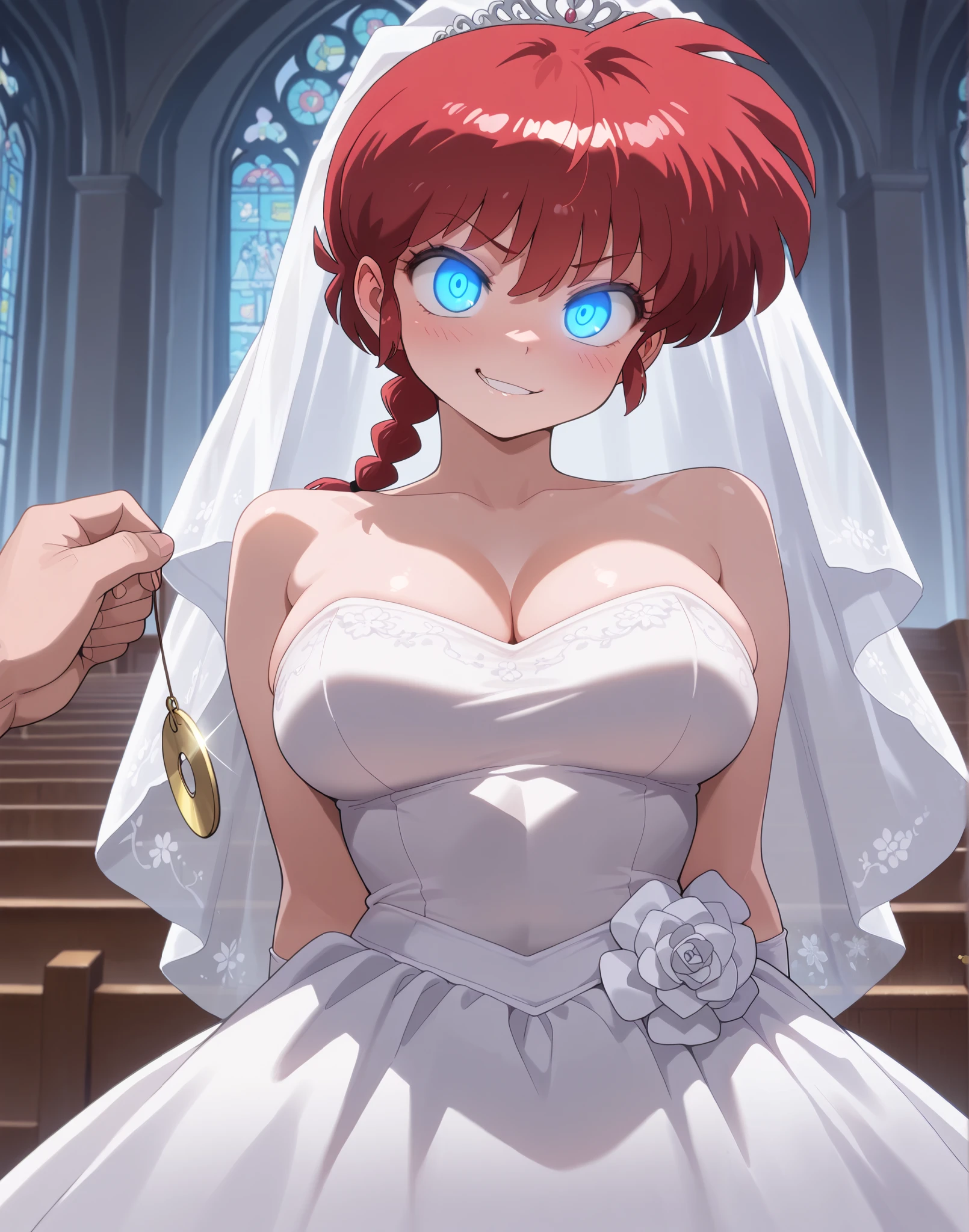 (masterpiece) ,best quality,amazing quality,very aesthetic,absurdres,newest, ranma chan, red hair, blue eyes, large breasts, 1girl, wedding church, nighttime,, hypnosis, glowing eyes, seductive smirk, wedding dress, holding pendulum in front of her face