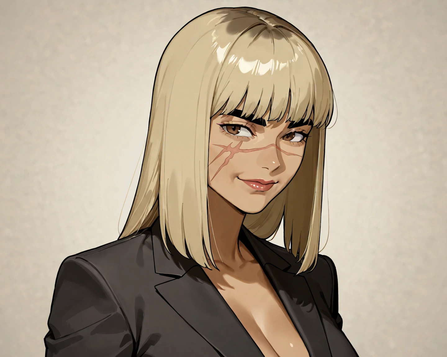 1 woman, mature female, sharp looks, masc woman, mature face, light brown skin, light brown almost blonde straight hair with bangs, has thick bangs, thick eyebrows, straight hair with thick bangs, has a vertical scar on her face, upturned brown eyes, wearing a black suit 