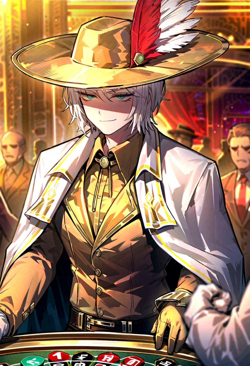 1male, white hair , gloves , (project moon\) , white and gold gloves , turquoise eyes , , white cape , shirt , hat , white and gold shirt , plume , short hair ,smug expression , collared shirt , solo focus , long sleeves , cape , indoors, casino, closed mouth , sky , white and gold headwear , coat , multiple others , holding weapon , open mouth , smirking,