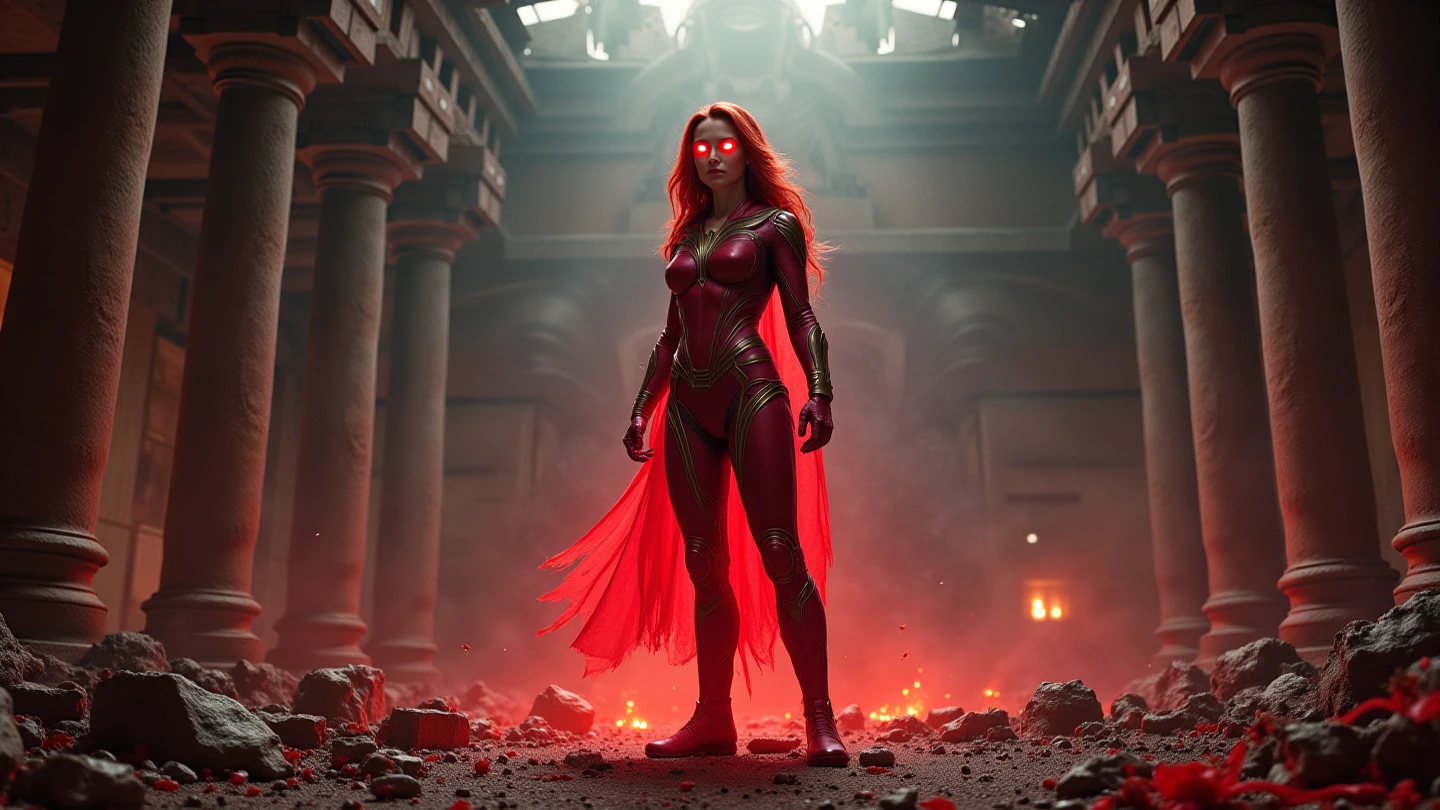 (best quality, highres, realistic:1.37), Scarlett Witch, superhero pose, intense gaze, flowing red hair, glowing red energy in hands, powerful magic, intense purple aura, vibrant costume, dynamic action, comic book style, dramatic lighting, mysterious background