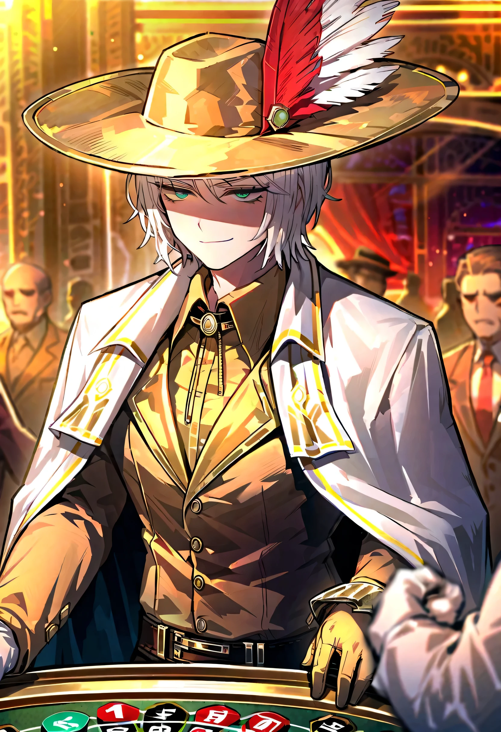 1male, white hair , gloves , (project moon\) , white and gold gloves , turquoise eyes , , white cape , shirt , hat , white and gold shirt , plume , short hair ,smug expression , collared shirt , solo focus , long sleeves , cape , indoors, casino, closed mouth , sky , white and gold headwear , coat , multiple others , holding weapon , open mouth , smirking,