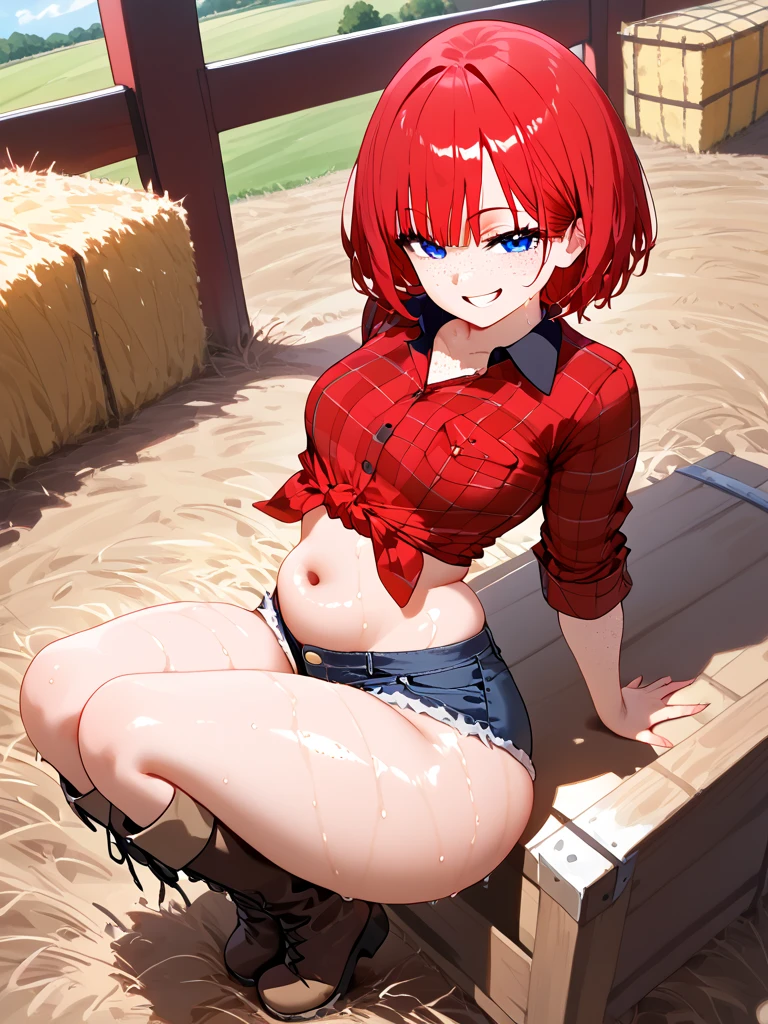 1girl,long hair,red hair,red eyes,jewelry hairband, short hair, bob cut,masterpiece, high quality, best quality, an aroused girl, (grabbing_own_breast:1.4), cleavage, lingerie, purple hair, freckles, hairs, straw hat, plaid shirt, denim shorts, (sitting in a corn field), open mouth, (blush:1.2), (sweat:1), (sunny:1.2) female masturbation