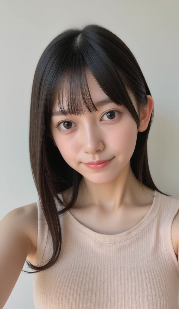 (A photo of your face:1.25), 6 years old, (Baby Face:1.4), (Round face:1.4), One Japanese woman, beautiful girl, Pretty face, (View your audience), (Standing facing the camera), (smile), (Beige tank top)、(Pure white background:1.2)