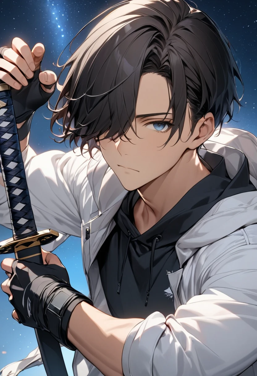 (solo:1.5),(masterpiece:1.5),(best quality:1.5),(bust:1.3),Amazing,beautiful detailed,extremely detailed wallpaper,extremely detailed CG unity 8k wallpaper,extremely delicate and beautiful eyes,{{1boy}},male_focus, thorns,weapon,jewerly,black t-shirt,street,dynamic pose,
