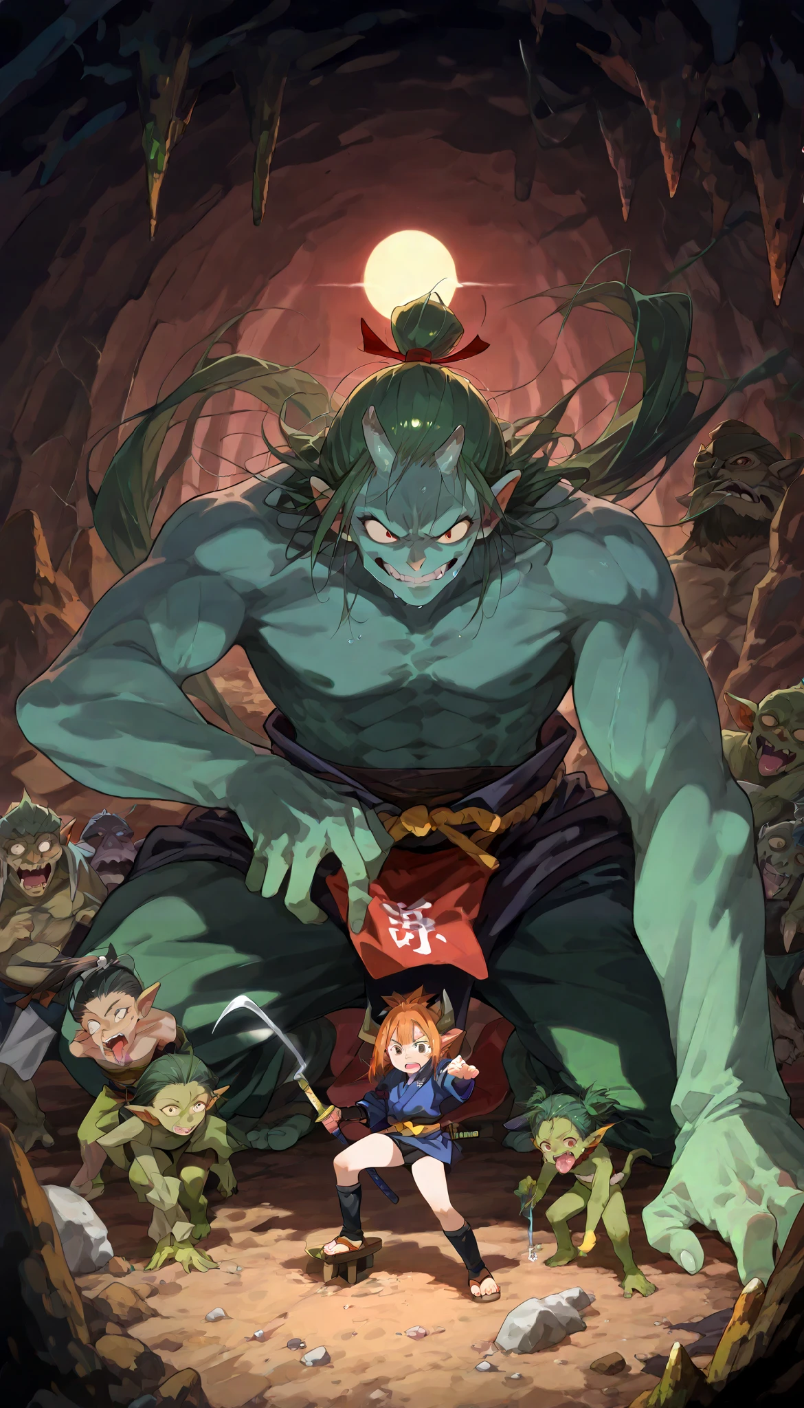 ((One female samurai))), big , monster trying to remove panties, underground cave, high quality, score 9, score 8 up, score 7 up, (((Multiple giant goblin monsters, group))), giant goblin monster, creepy giant goblin, giant goblin clinging to female samurai, perverted giant goblin, background full of giant goblins,
