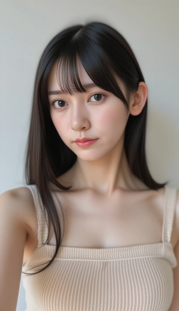 Very young Japanese,Grey short sleeve ribbed knit,big breasts,Black Hair,Long Hair,Soft lips,Fine skin,(Glowing Skin),(masterpiece:1.4),(Highest quality:1.4),white background,medium close-up shot,standing posture,from side,looking away