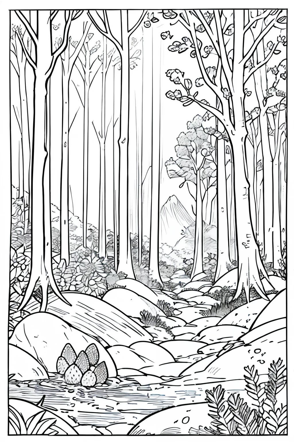 As a coloring book, the colors are black and white, the borders are simple, there is more white space, official art, wallpaper, masterpiece, top quality, crayon texture, highly detailed, lovely, soft touches, ren's picture book style illustrations, (drawings). ((in a lush forest、Budori and Neri picking strawberries、Imitating the cry of a mountain pigeon。bright scene with sunlight filtering through the trees))