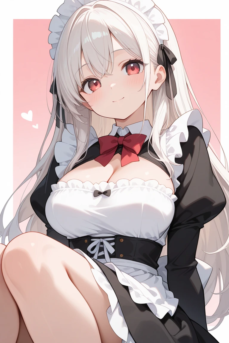 highest quality, Ultra-detailed, figure, Silver Hair, Aimee,, Embarrassing,ponytail,Red ribbon,Mature Face,Beautiful breasts,Suspender skirt,Black maid outfit,bed,Large Breasts,blue eyes