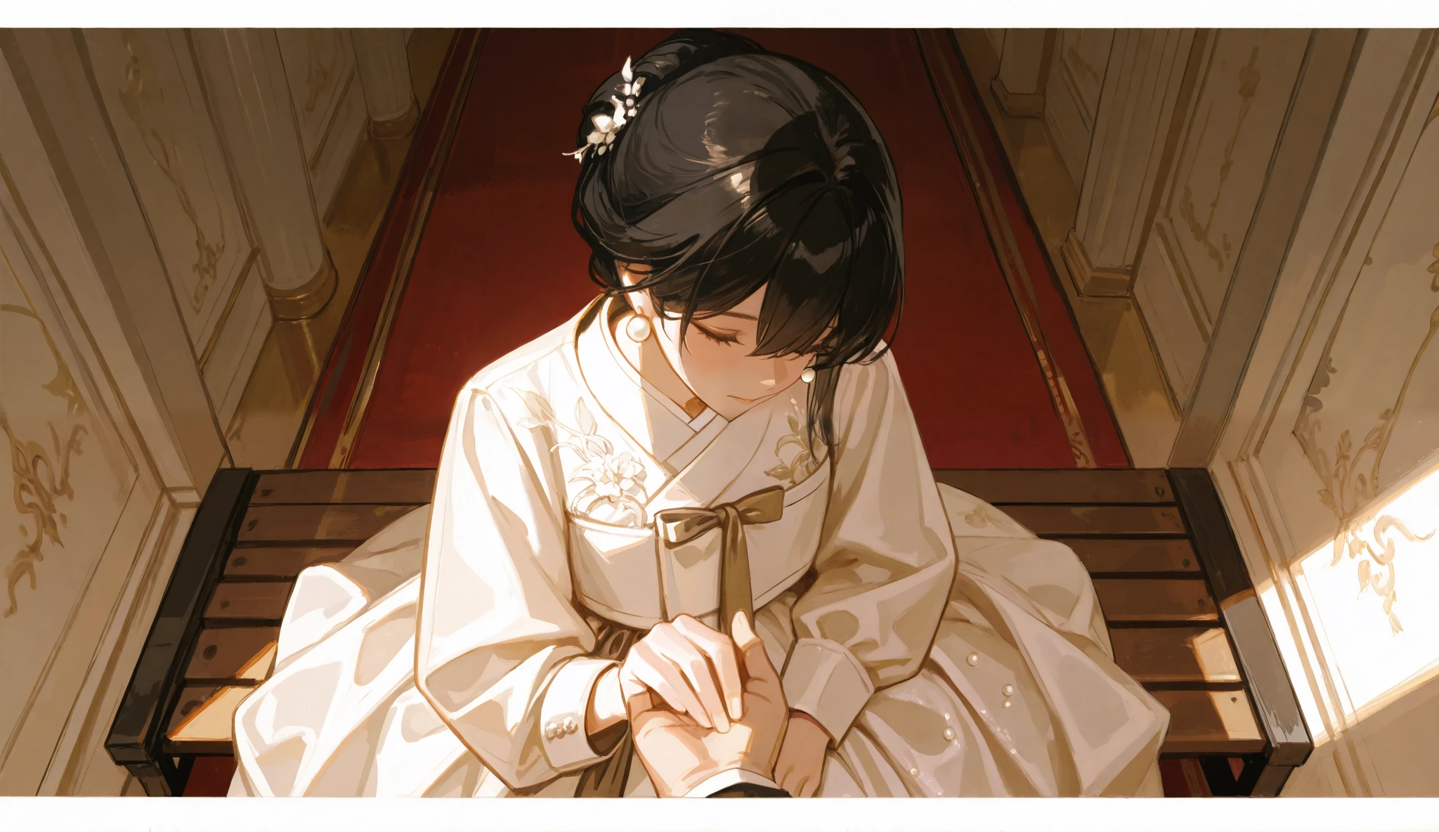A private moment after the wedding ceremony. A woman with long, dark hair styled in an elegant updo sits on the edge of a grand, velvet-covered bench in a quiet hallway. She wears a modern Hanbok-inspired wedding gown, the silk fabric flowing around her as she carefully adjusts one of her pearl earrings. Her delicate fingers tremble slightly, though her expression remains composed.
Standing nearby, a tall man in a crisp white tuxedo watches her. His black hair is neatly styled, but his loosened tie and slightly unbuttoned collar hint at exhaustion from the long day. His sharp features remain unreadable, yet there’s a quiet intensity in the way he looks at her.
The hallway is dimly lit by warm golden sconces, casting soft shadows against the marble walls. The distant sounds of the wedding reception fade into the background. For a brief moment, the world outside no longer exists—only the two of them remain in this fleeting, intimate silence.
Then, without a word, the man steps forward, reaches down, and takes her hand in his. His grip is firm, not demanding but certain, as if making a silent promise that neither of them dares to speak aloud.*