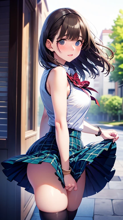 Close-up red black hair、wavy short hair、cute、summer:1.3、shirt:1.3、、skirt(((Highest image quality、High resolution、masterpiece、one woman)))、(((showing armpits:1.3)))、(((embarrassing:1.3、)))、(((cute)))、flower