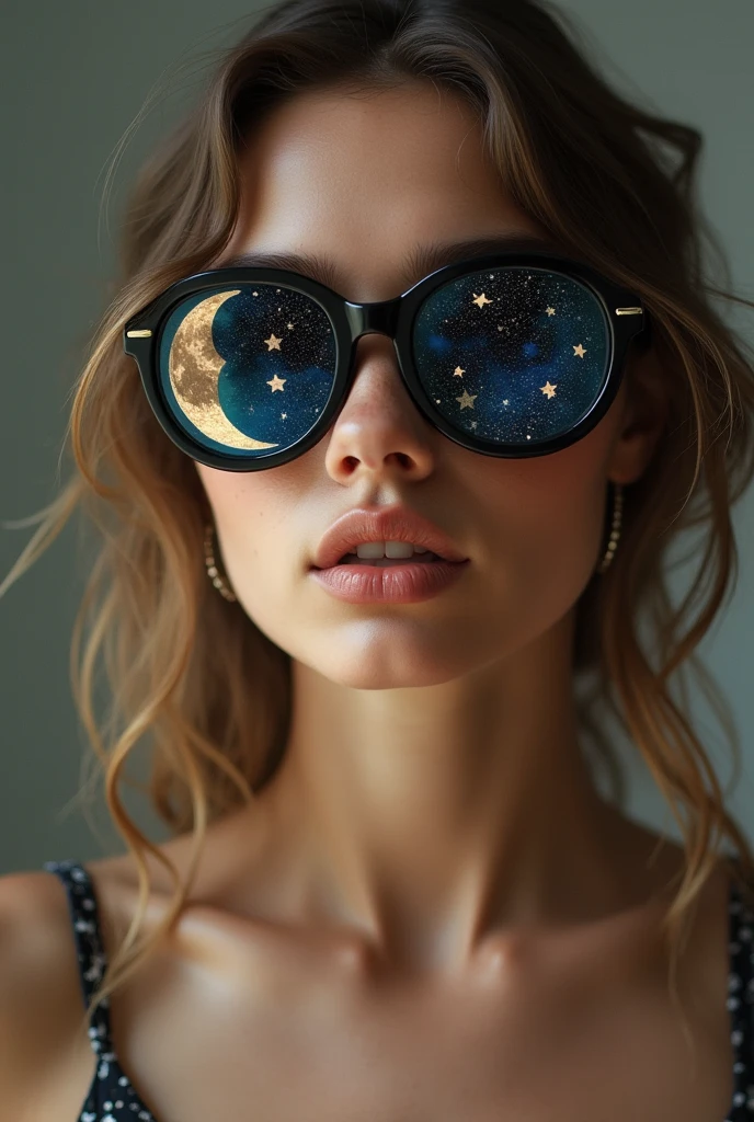 The model is wearing glass sunglasses with stars and the moon on the glass