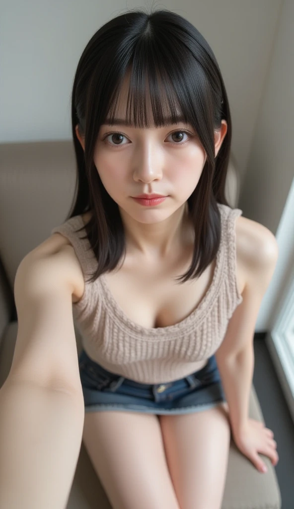 There is a woman posing for a photo wearing a black top and blue jeans, young and cute girl, 🤤 girl portrait, with short hair, girl cute-fine face, 8k selfie photograph, young cute wan asian face, 19-year-old girl, 2263539546], Korean girl, a cute young woman