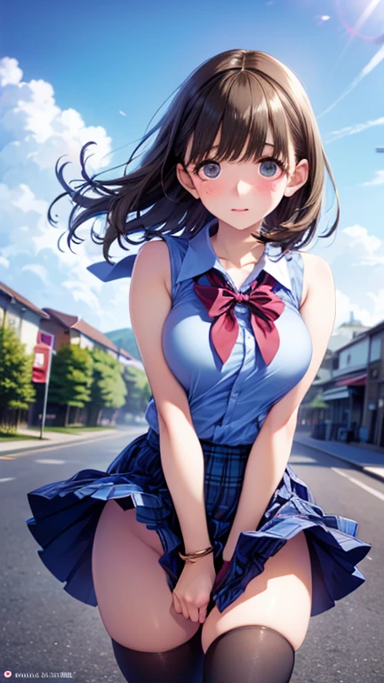 ((highest quality, High resolution, Perfect Pixel, 4K))), 1 female, Beautiful woman、I could see the whole body、Go down the subway stairs、Lots of commuters、 ((ponytail, bangs, Brown Hair)), ((Brown eyes, Beautiful eyelashes, Realistic eyes)), ((Detailed face, blush:1.2))、((Anime CG Style)), beautiful and big breasts、Perfect body, ((Red bow tie, Black open jacket, White short sleeve shirt, Checked mini skirt)), Embarrassed expression、 (The wind is blowing my skirt away:1.3)、((No underwear))、 Diagonal side angle, Dynamic Angle、Naughty wind、Full view of lower body、