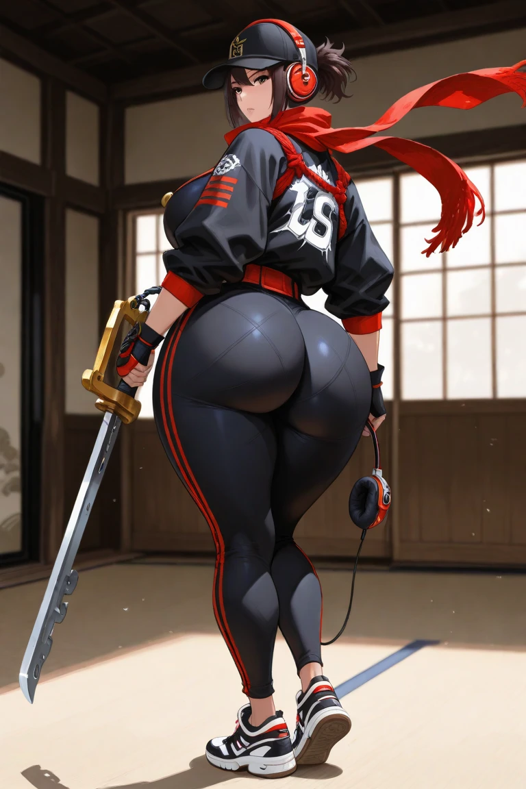 (((​masterpiece))), ((high resolution)), detail, red-haired girl, greeneyes, breasts big, (((thick-thighs))), , bottom to top, irritated face, full body, all-body, distant, ninja costumes, standing backwards, focus on the ass