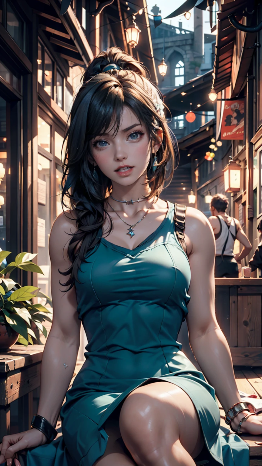 masterpiece, 最high quality, high quality, Very detailed CG uniform 8k wallpaper, One person, alone, Blue Hair, tattoo, short hair, Have, jewelry, smile, necklace, Looking at the audience, Have, Realistic, Upper Body, Best, nose, Exposing shoulders, artist name, Black tiara, clavicle, arm tattoo, blue eyes, lips, Blurry, oil, Award-winning photography, Bokeh, Depth of written boundary, High resolution, bloom, chromatic aberration, realism, Very detailed, artステーション 複雑, Attention to detail, dramatic, art:midjourney