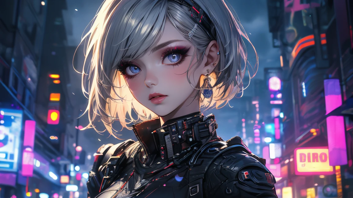 1 Girl, chromatic aberration, Depth of written boundary, Soft Light, masterpiece, Highest quality, complicated, Tone Mapping, Very detailed, Art Station, Concept Art, Smooth, Clear focus, Dramatic lighting, Very detailed artwork, movie, super practical painting, Art Station's trending, 8K, Incredible Shadows, practical, (Very detailed background:1.0), whole body, View, Viewers, Very detailed portrait of one girl 1, Standing on a street corner, Heavy rain and lightning、Dark Sky, neon and cyber punk background, she is dressed in punk clothing with silver chains and silver spikes, Her hair was dyed a light black color.，The middle part is black, She wears headphones, Detailed red eyes with clear pupils, Ominous aura of halo, smile, punk, ciber punk, Backlight.