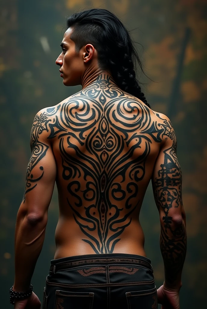 I want you to generate an image of a tattoo for the entire upper back, that reflects determination and strength, in dark tribal style