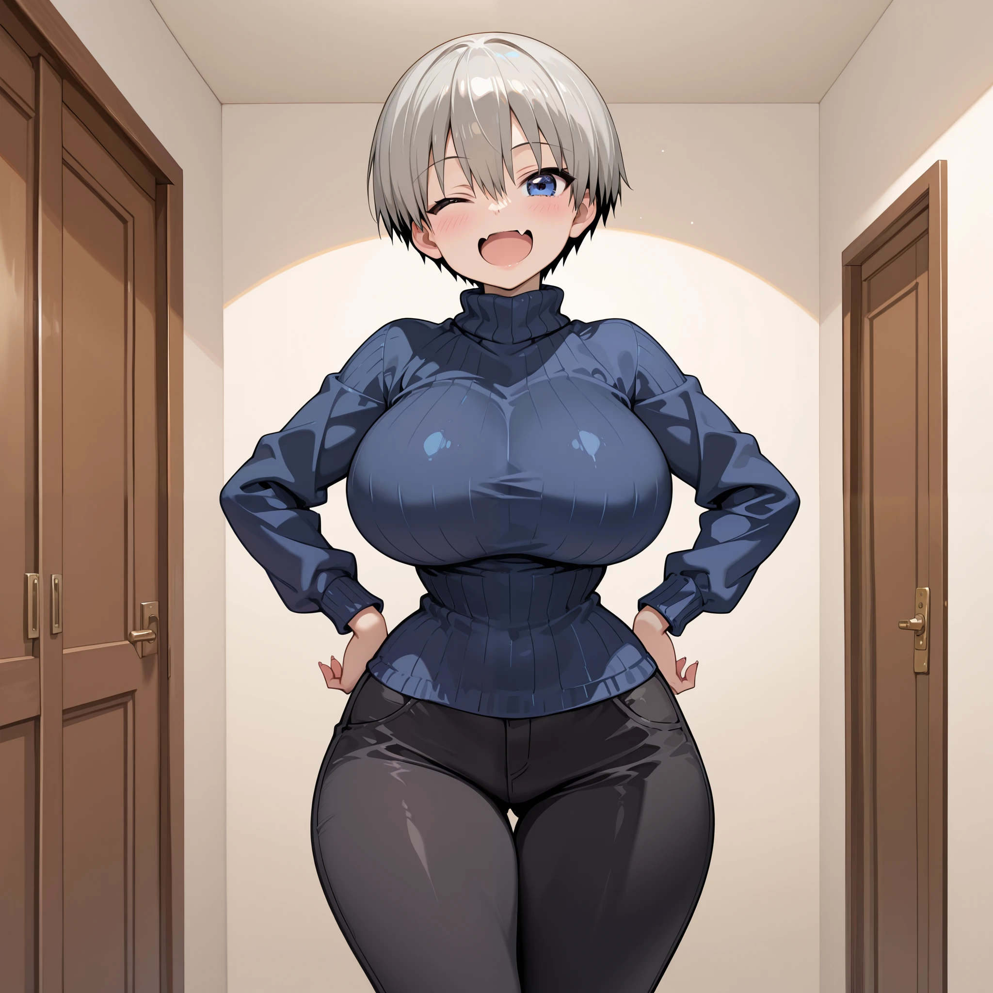 1girl, solo, uzaki hana, big breasts, narrow waist, wide hips, thighs, blue ribbed turteneck sweater, black pants, blushed, smile, open mouth, fang, wink, cute, hands on hips, standing, looking at viewer, room background, from the front view