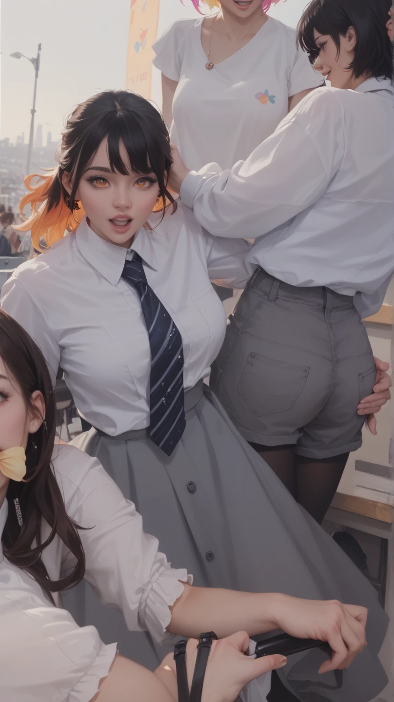 NSFW, photorealistic, top-quality, masterpiece, 4 Korean women , Korean female only, ABSOLUTELY NO MALE, absolutely no men, VERY crowded female only subway train interior detailed scenario, VERY crowded Korean female only subway train interior detailed background, standing insanely hot (woman 1) using sexy ((school uniform)), (((lifted skirt)), (thick thighs), (fear expression), blushed face, (woman 2) sexy young, blond hair, confused look, mature woman ass groping woman 1 from behind, woman 2 touches woman 1 vagina, young woman 2 caressing woman 1 legs, wet kiss, lesbian kiss, (((mature woman pressing her chest on woman 1 back))) and (((holding her waist behind her)))