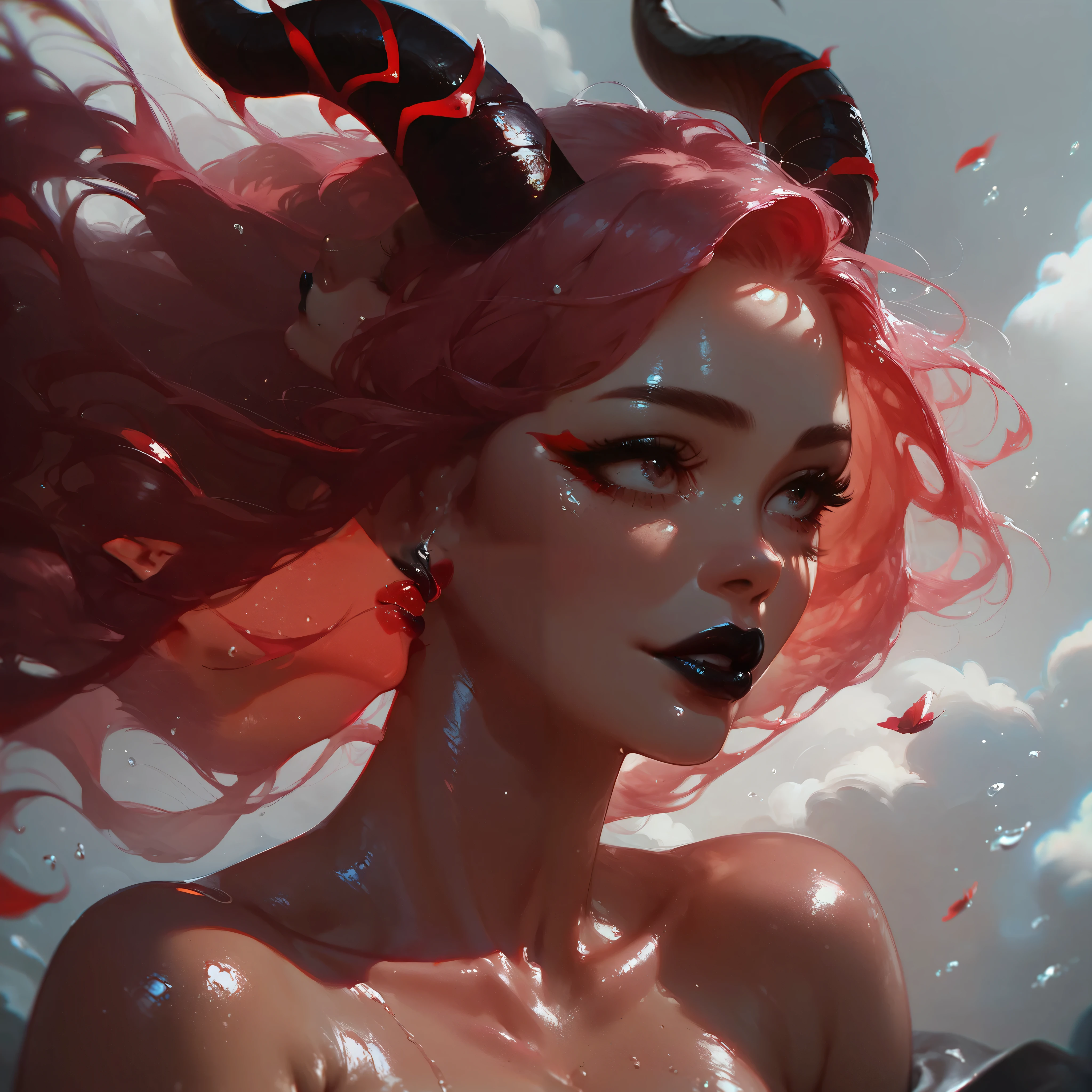 moist oily skin, shiny skin, glossy skin, horns, soft pink hair with a red tint, silky hair fluttering in the wind, black lipstick,