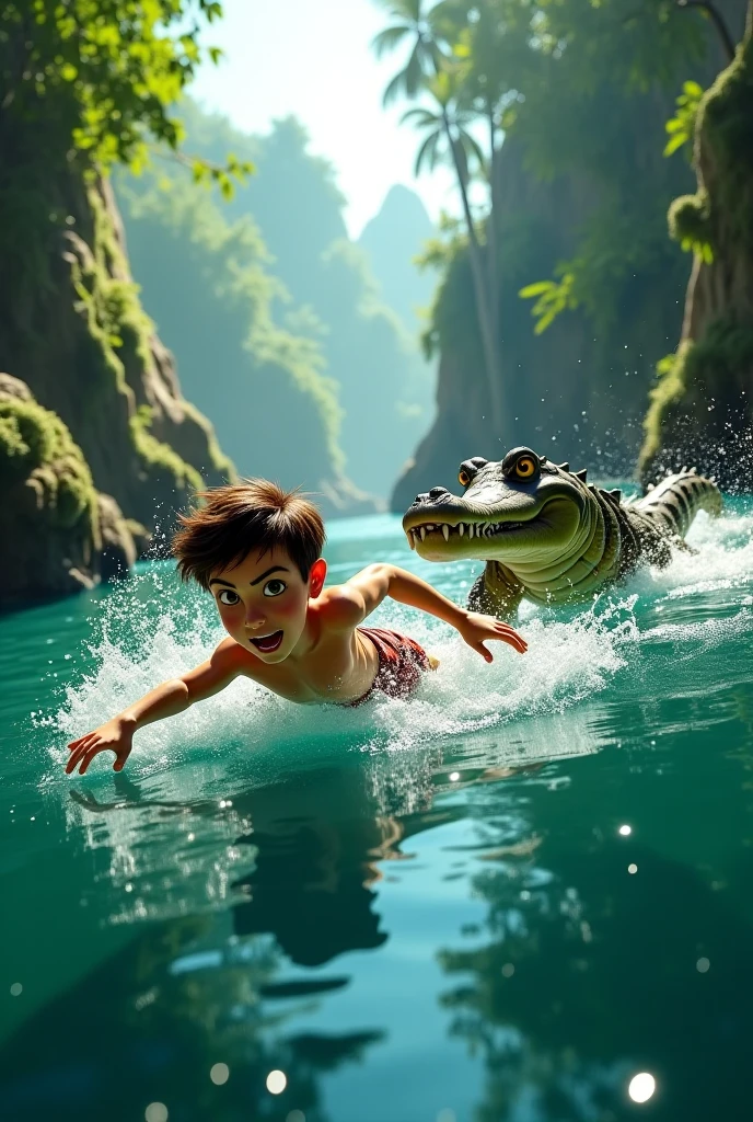 A dramatic scene shows two boys poised near a muddy river. One boy is in mid-jump into the water, while another stands on the riverbank, appearing shocked. In the water, a crocodile is highlighted within a red circle, increasing the tension of the moment. The background features lush greenery and a brick wall