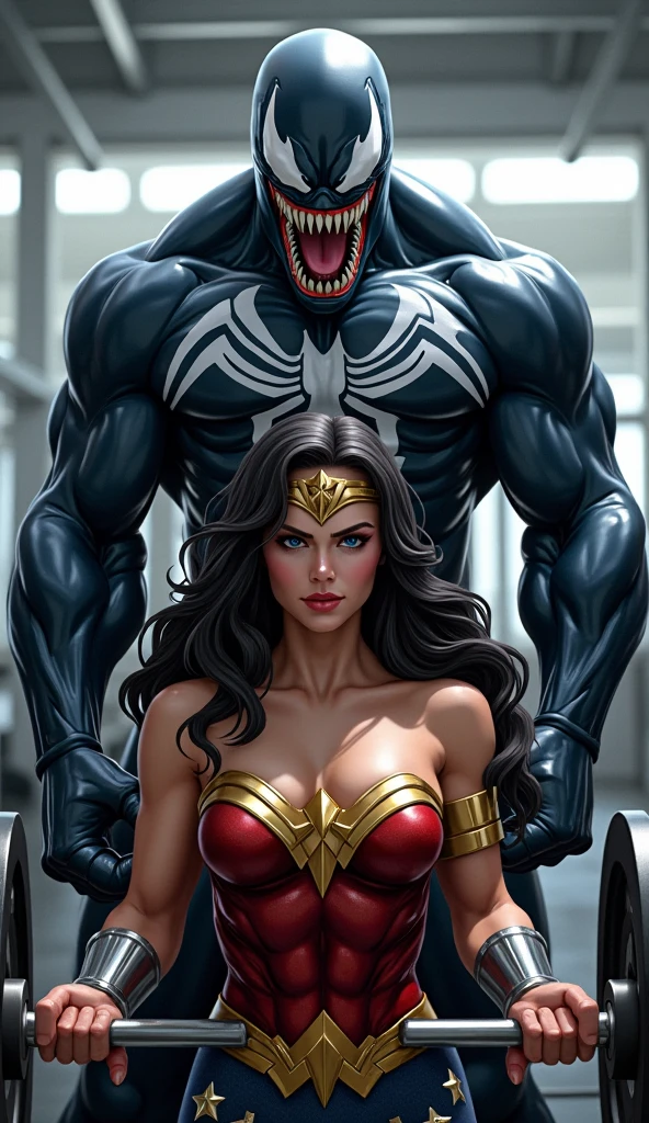 NSFW, a wonder woman kneeling in front of a Venom big , (((1 wonder woman and 1 venom, couple, having sex))), (a Venom standing in front of a kneeling wonder woman sucking his penis), (wonder woman kneeling in front of a Venom:1.3), (wonder woman sucking his penis),1 wonder woman, (submissive lingerie),shot from diagonally forward,