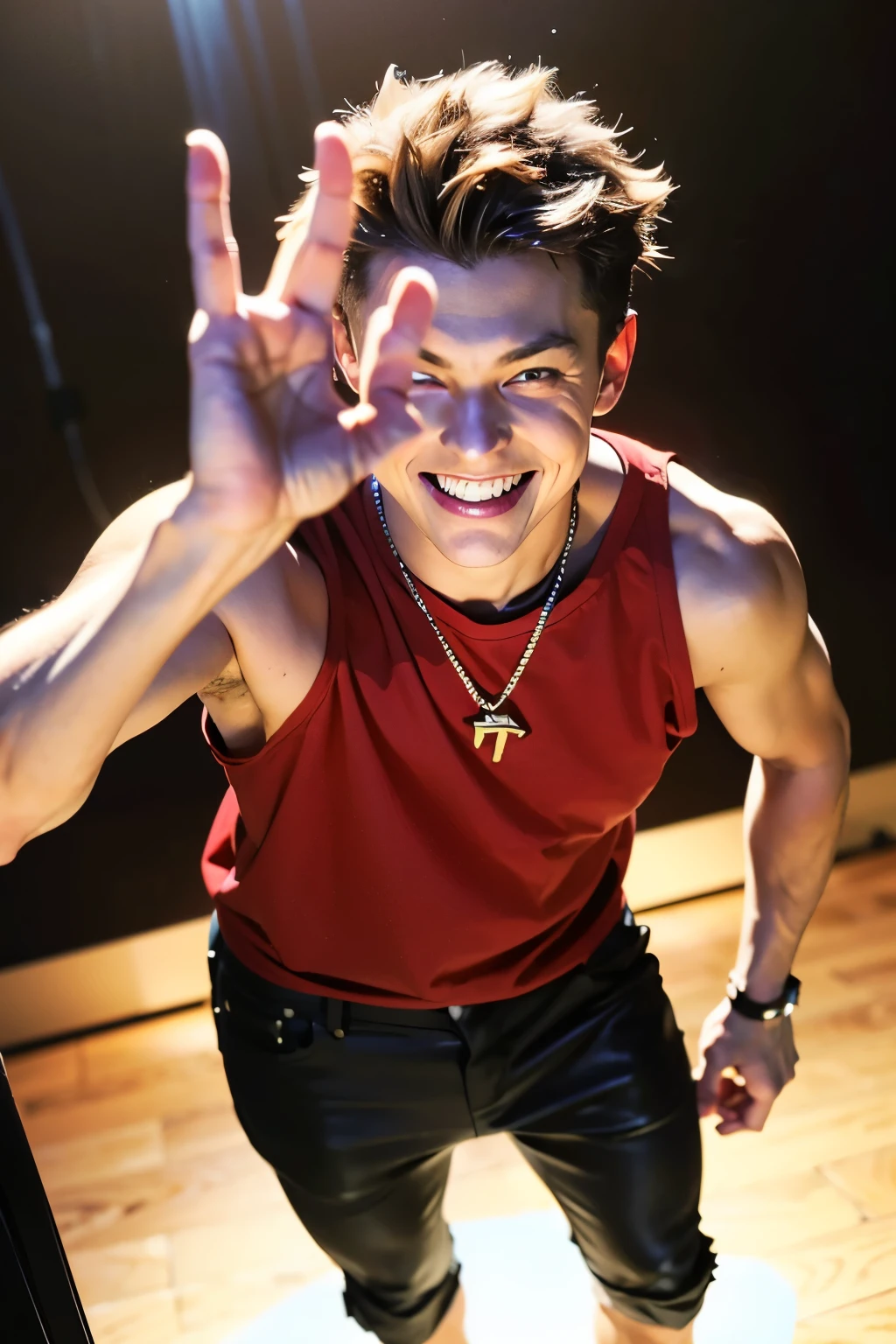 red spiked hair((赤色に染めたspiked hair))smile((red eyes))赤い髪にred eyes