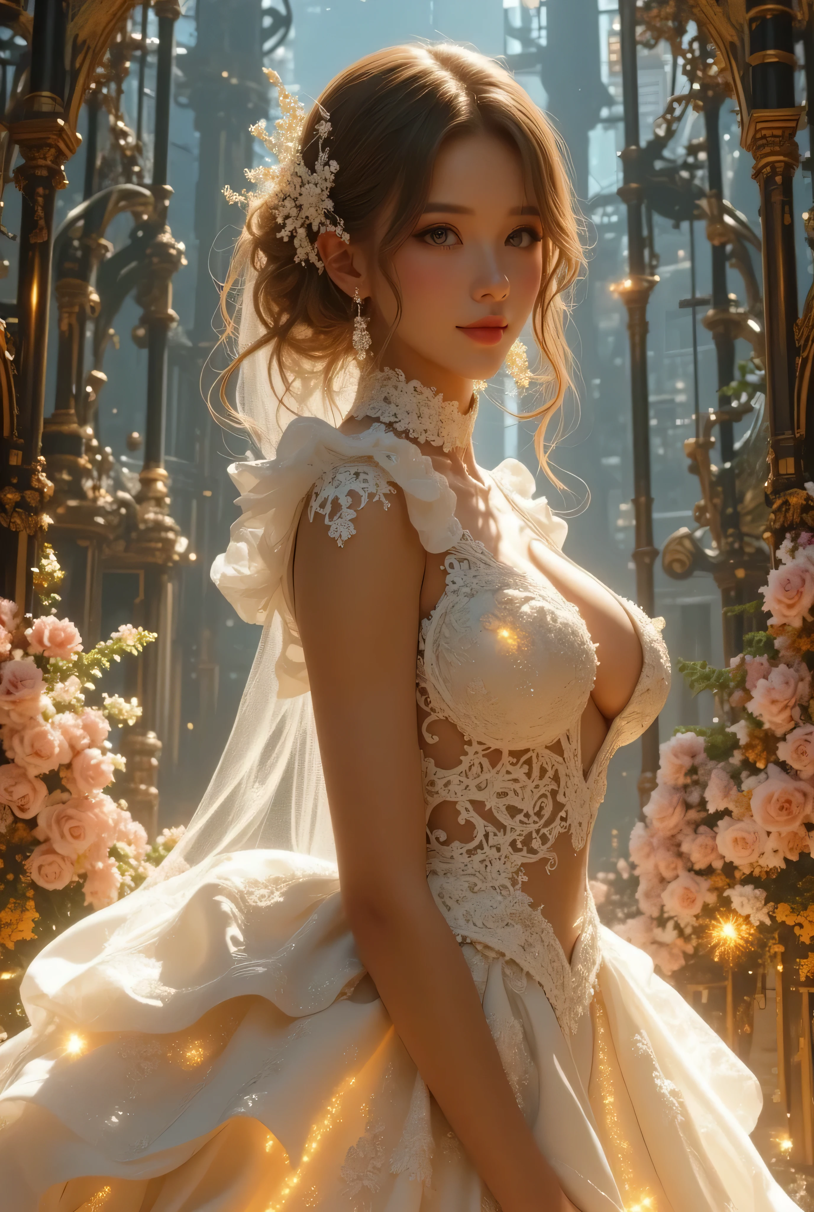 1 beautiful girl, Beautiful girl of the highest grade, Realistic, extremely detailed CG unified 8k wallpaper, ighly detailed, High-definition raw color photos, professional photograpy, Realistic portrait, Cinematic Light, Beautiful detailed, (Naked:1.5), Beautiful big breasts, breasts details, (cleavage of the breast:1.2), Bare shoulders, (Beautiful wedding dress with wide open breasts:1.4), No bra, , (cameltoe details), Outdoors, Beautiful Landscape Forest, castle, stare, (Best Quality:1.4), Super Detail, High quality, masutepiece, Upper body,