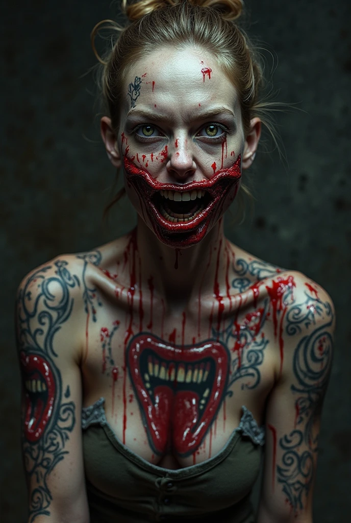 (best quality, hyperdetailed photography:1.2), beautiful lady,(evil smile:1.2),blood dropping from mouth,,tattoo's breast,(muscular body:1.1),,dark makeup,(white skin:1.2), horror vibe, ((moonlight)),,,,, ponytail,badass woman,,,,(massive perfect breast:1.0), (upper body portrait), (cinematic shot:1.5), (movie photography:1.2), cinematic lights,, (naked breast),(ultra detailed skin texture:1.3)