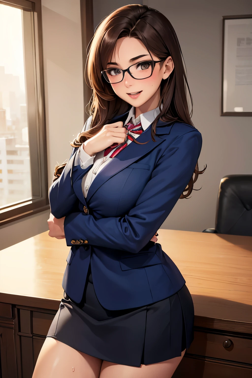 ((Best Quality)), ((masterpiece)), (detailed),nsfw1.9,Perfect anatomy, Natural Light,2 office lady in modern office,Sweat all over the body,Cute woman with a blushing face,Woman with long brown hair,Women are perceived as very intelligent,((Best Quality, 8k, masterpiece: 1.3, )),Woman in suit,A well-balanced body is slim,Slim waist body line,Large Breasts,Small Ass,Long, slender legs,Long, thin hands, detailedな顔, detailedな肌, fine grain, detailedな唇, detailedな舌, detailedな指, Mouth detailed, Beautiful teeth alignment,Realistic, High resolution, Natural Light, Dynamic pose,Toned Legs, Double eyelids, Tear bags, Round eyes, Navy blue blazer,Wearing a short, tight navy blue skirt,A woman wearing black-rimmed glasses,(((Blushing and excited expression))),Showing off a beautiful ass 1.9,Woman's back view,White lace panties,No bra on,Lifting her skirt to show off her panties,Unbuttoning her open-necked shirt to show off her cleavage,