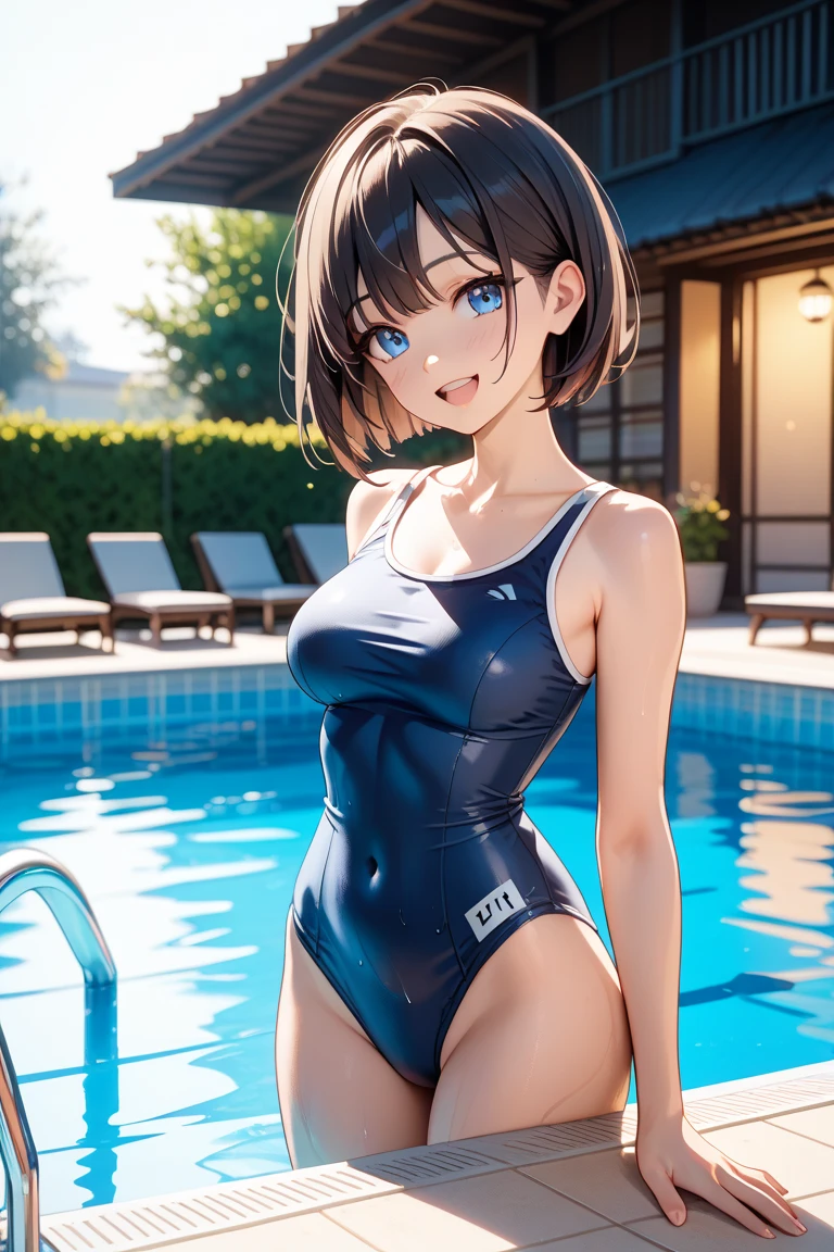 very cute and beautiful girl,(highly detailed beautiful face and eyes),(blue swimsuit), standing,arms behind back,pool side,tiny colorful flowers on grassland, (smile:1.2),happy,looking at viewer,black hair,cowboy shot, (best quality,masterpiece),absurdres,highres,ultra-detailed,extremely detailed,32k, cinematic scene,detailed background,solo,hair fluttering in the wind,beautiful detailed sky,
