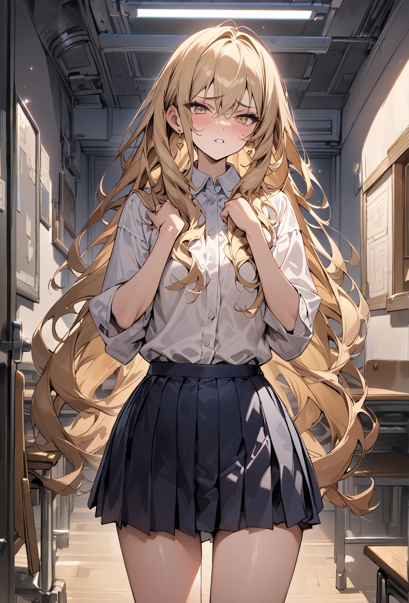 ((greatest masterpiece,super quality:1.2)),(super resolution),(solo),cowboy shot(front),night,Slender, slender high school student standing with her hands on her lower back in the classroom,beautiful face,(blonde long hair),perfect golden eyes,Irritated Expression ,HIGH QUALITY WHITE BLOUSE,high quality navy blue pleated skirt,high quality white loose socks,loafers,gold earrings