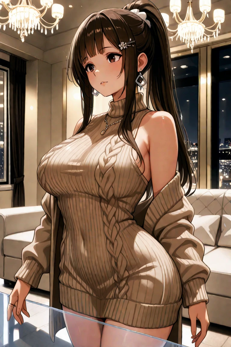 ((masterpiece, best quality, highest quality, ultra-detailed, 32K cg wallpaper, high resolution)), 1 woman,black hair,brown eye,very long ponytail hair,swept bangs,huge breasts,blush,smile,parted lips, (backless sweater dress:1.2),multiple views,tight,cable knit,standing,from left in front,bed side,