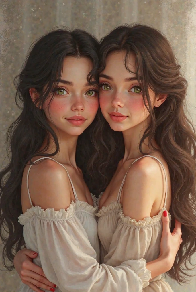 Beautiful mystical woman with brown hair, in a beautiful forest enjoying the sunset, (two heads)