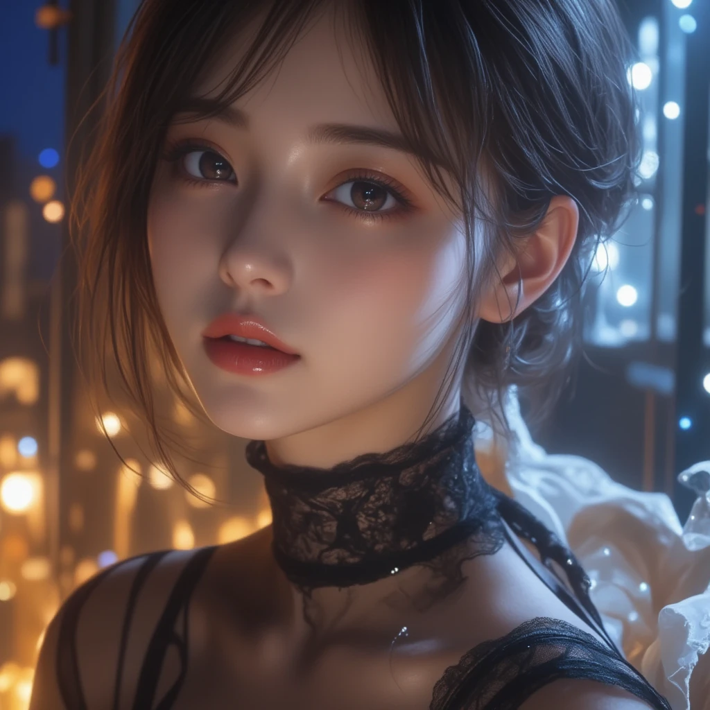 close up, (neon, night view, dutch angle, from above, strapless:1.3), masterpiece, best quality, raw photo, photorealistic, off shoulder, black lace dress, black choker, black eyes, updo, upper body, cleavage, facelight, shiny skin, film grain, chromatic aberration, absurdres, highres, ultra detailed, finely detail, detailed eyes and face, sharp pupils, realistic pupils, sharp focus