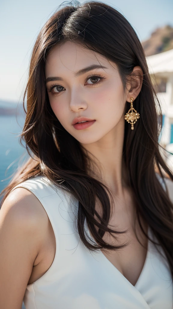 (1girl), brown eyes, A very neat face, (cute smile:1.2), (highly detailed eyes, highly detailed face), (flat chest, Tube top:1.2), accessories, necklace, earrings, (hyper-realistic, hight resolution), (best Quality:1.4), model, Enchanting, beach, (Fine face:1.2),